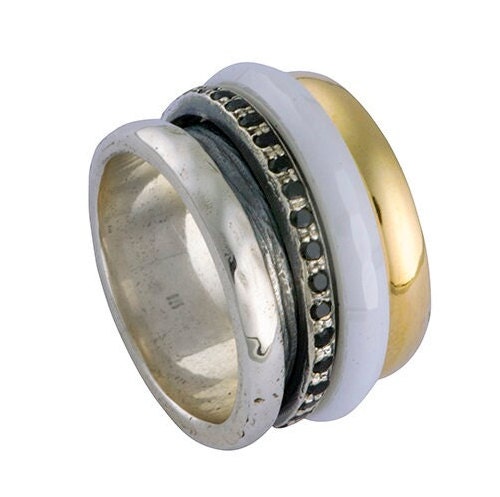 Mixed metal Spinner Ring 1.6 Carat Natural Black Spinel Gemstone Two Tone Solid 9k Yellow Gold and 925 Sterling Silver