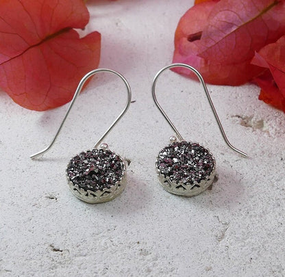 Natural crystal quartz solid 925 4 Carat Gray Agate Druzy Stone Israel earring 925 Sterling Silver Handmade Dangle Earrings Fast Shipping!