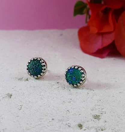 Stud Earrings 925 Handcrafted beutiful Blue Roman Glass 925 Sterling Silveר Everyday earrings Crown Bezel Set Free Shipping!