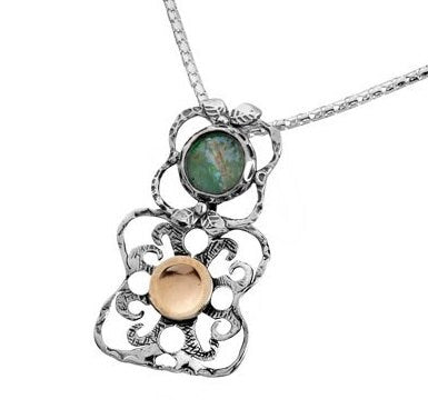 Roman Glass Pendant Handcrafted Two Tone Solid 9k Yellow Gold And 925 Sterling Silver Green Roman Glass