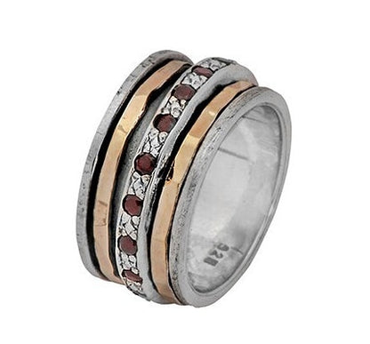 1.6 Carat Natural Red Garnet Gemstone Two Tone Solid 9k Yellow &amp; Rose Gold 925 Sterling Silver Spinner Ring Set Setting