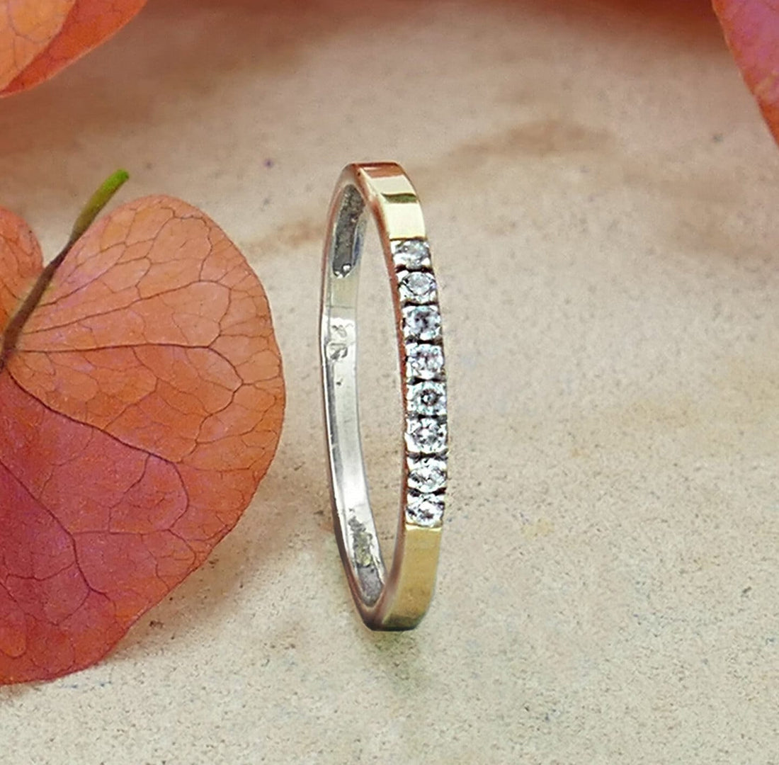 Engagement ring Mix metal ring Two Tone Solid 9k Yellow Gold&925 Sterling Silver Unique Stackable Ring 0.64Carat White Cubic Zirconia Stone