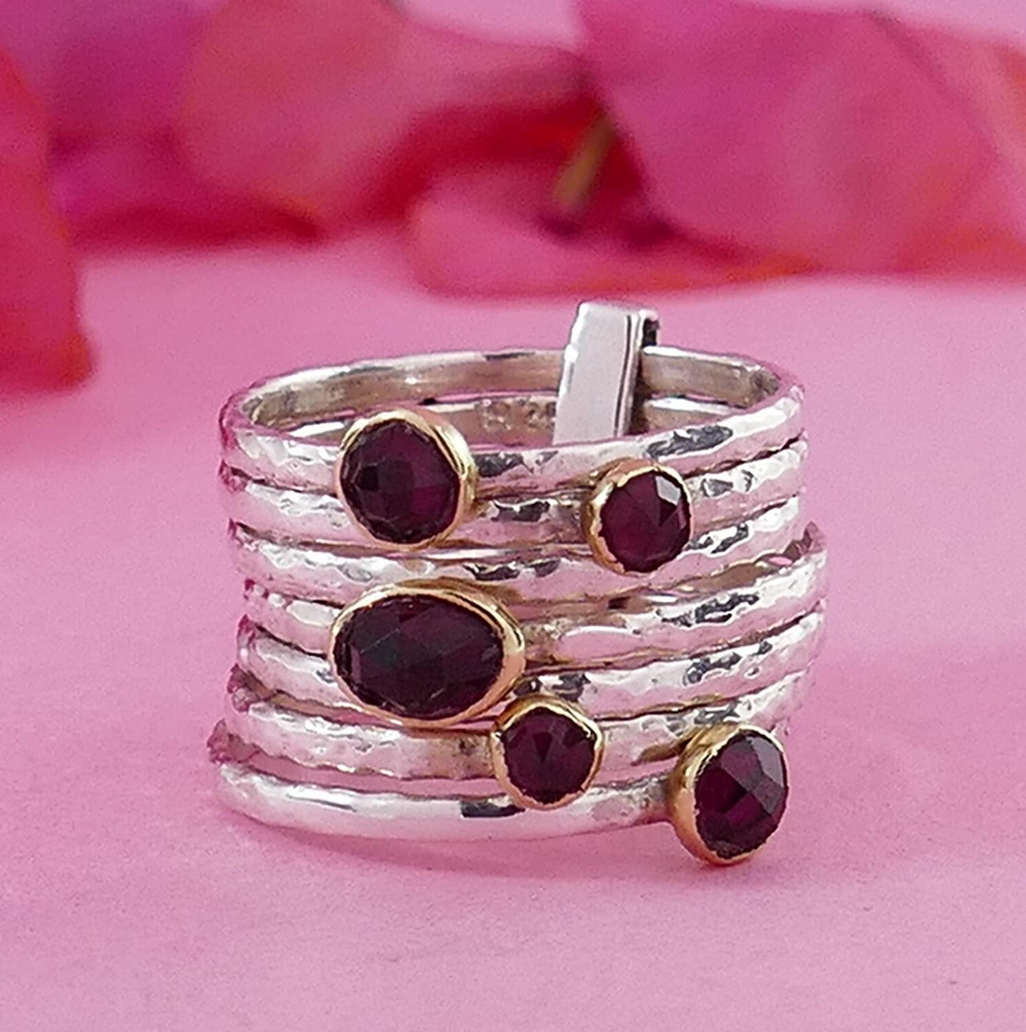 Unique Garnet gemstone Stackable Ring Two Tone Solid 9k Yellow Gold 925 Sterling Silver