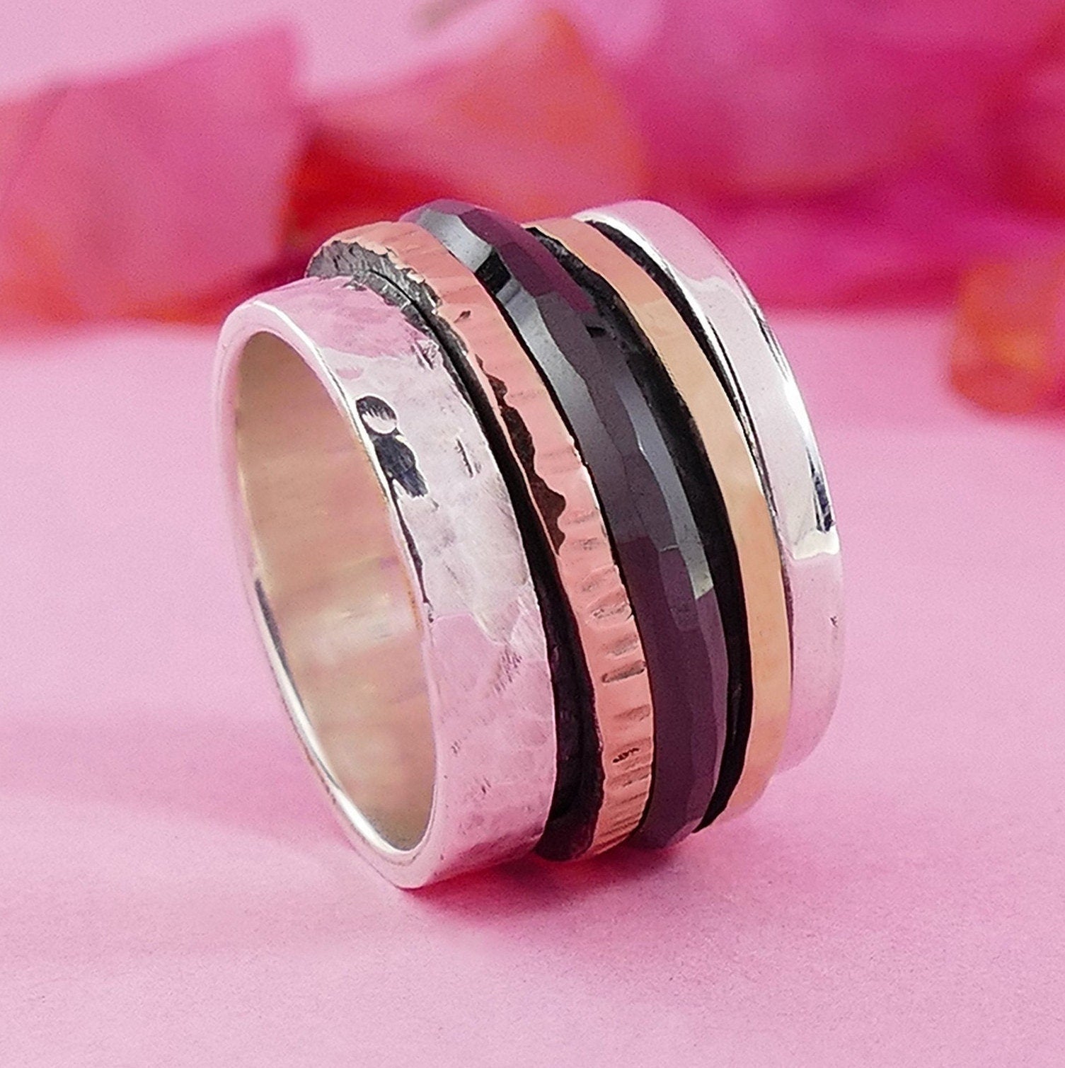 Unique Handcrafted Black Ceramic Silver Spinner Ring Two Tone Solid 9k Yellow and Rose Gold 925 Sterling Silver