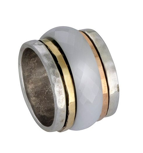 Handmade White Ceramic Spinner Ring 295 Sterling Silver Two Tone Solid 9k Yellow and Rose Gold