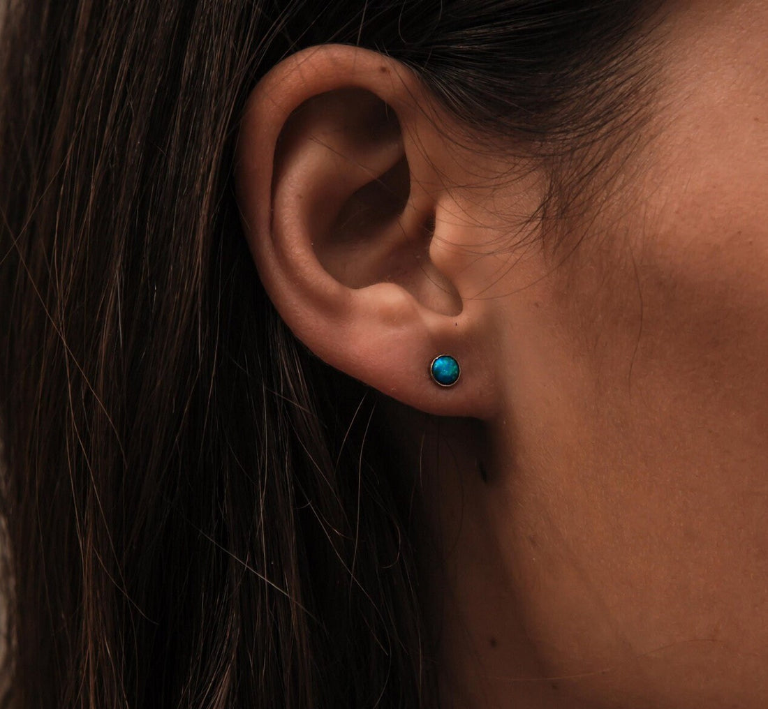 0.26 Carat Blue Opal Stone Solid 9k Yellow Gold Stud Earrings Fast&Free Shipping!