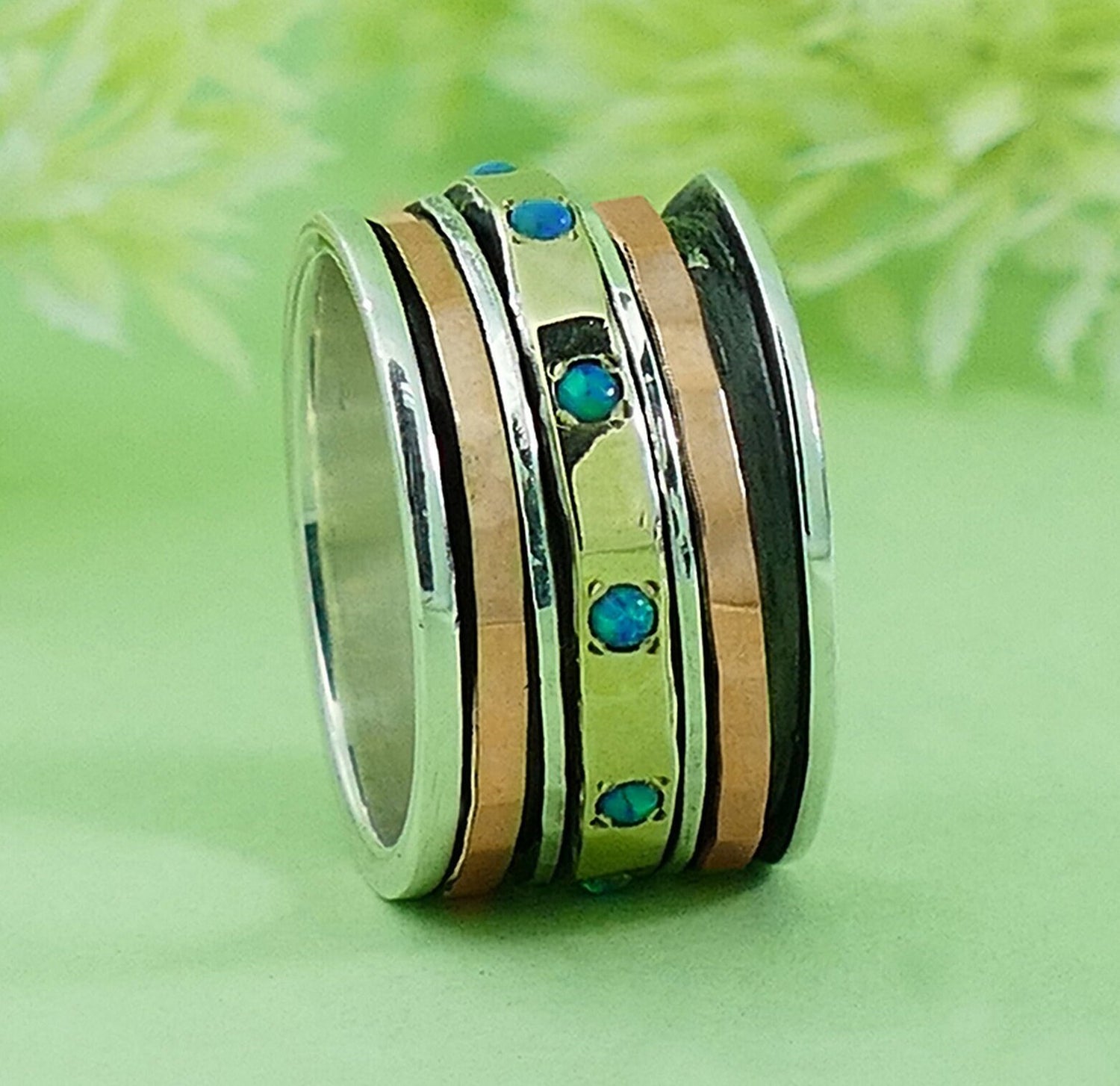 Two Tone Solid 9k Yellow and Rose Gold 925 Sterling Silver Spinner Ring 0.3 Carat Blue Opal Stone Set Setting, Oxidized Silver, Fidget ring