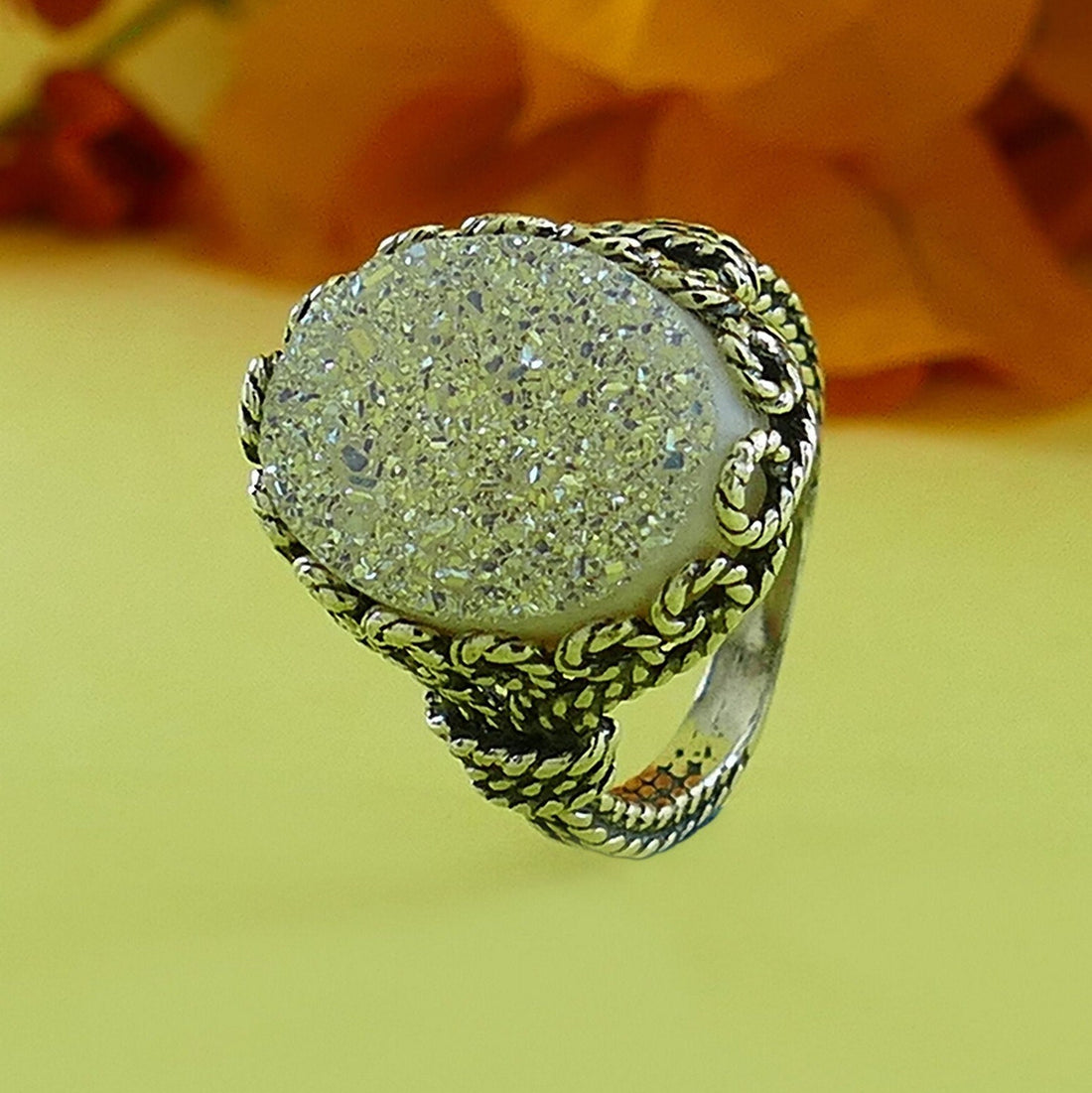 Druzy oxidied Silver Ring 925 Sterling Silver White Agate Druzy gemstone, Bohemian ring