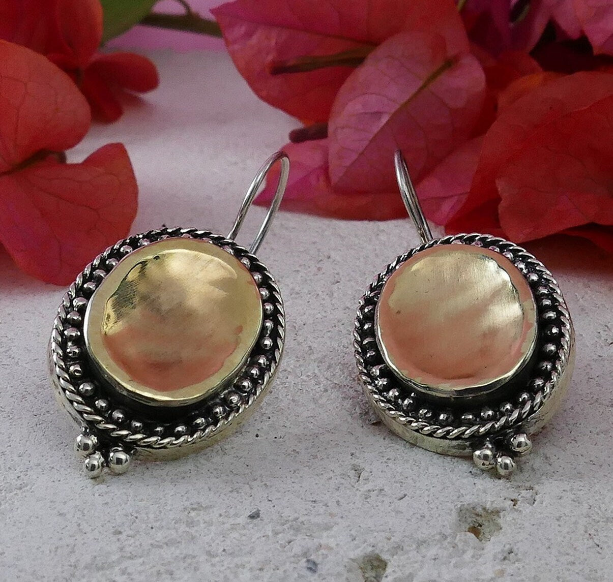 SPIRA Handcrafted Vintage Design Two Tone Solid 9k Yellow Gold And 925 Sterling Silver Drop/Dangle Earrings Fast Shipping! Everyday earrings