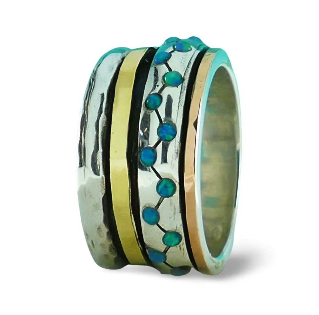 Two Tone Solid 9k Yellow & Rose Gold 925 Sterling Silver Spinner Ring 0.6 Carat Blue Opal Stone Setting,Bohemian ring,Hippie ring,Boho ring