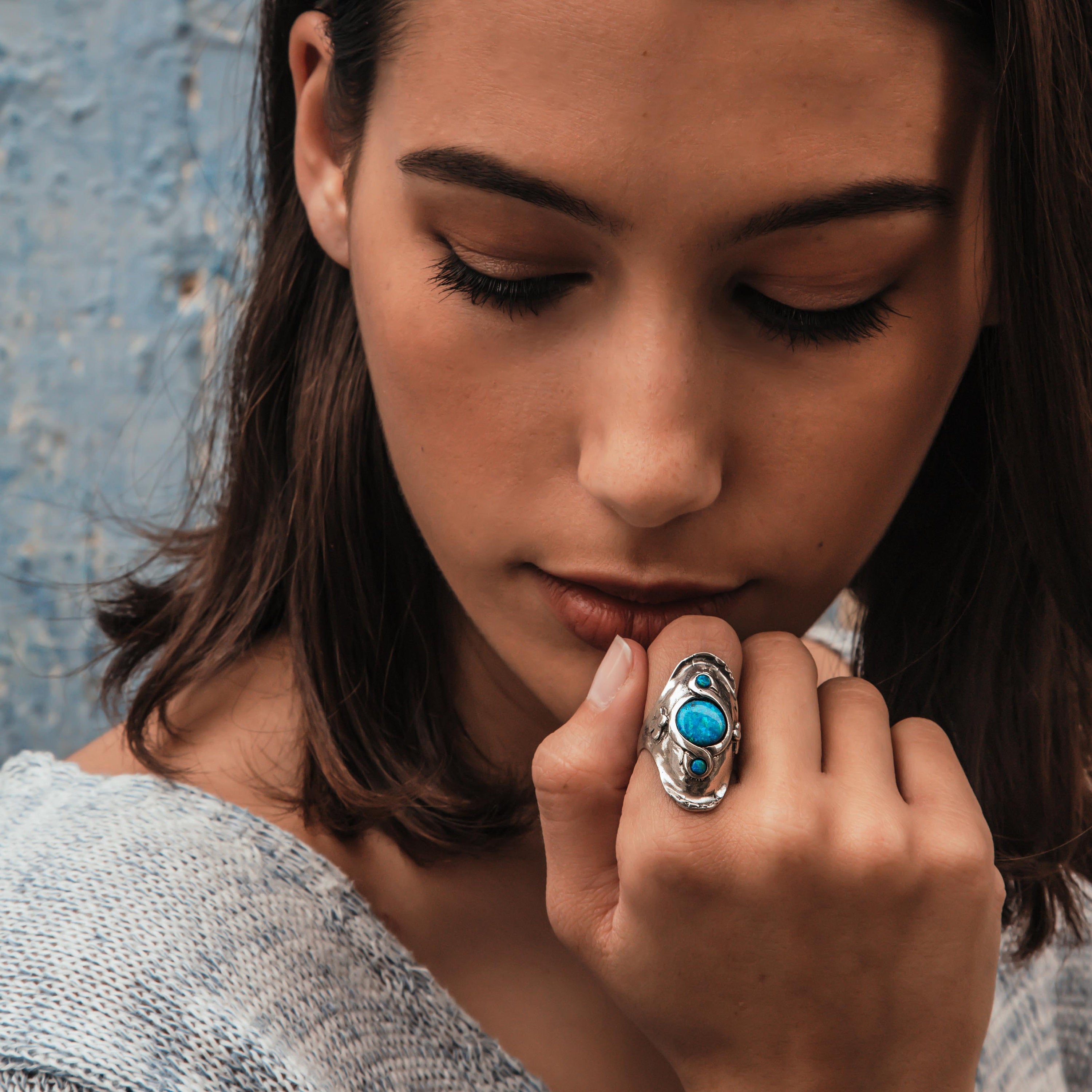 Handmade Blue Opal 925 Sterling Silver Statement Ring