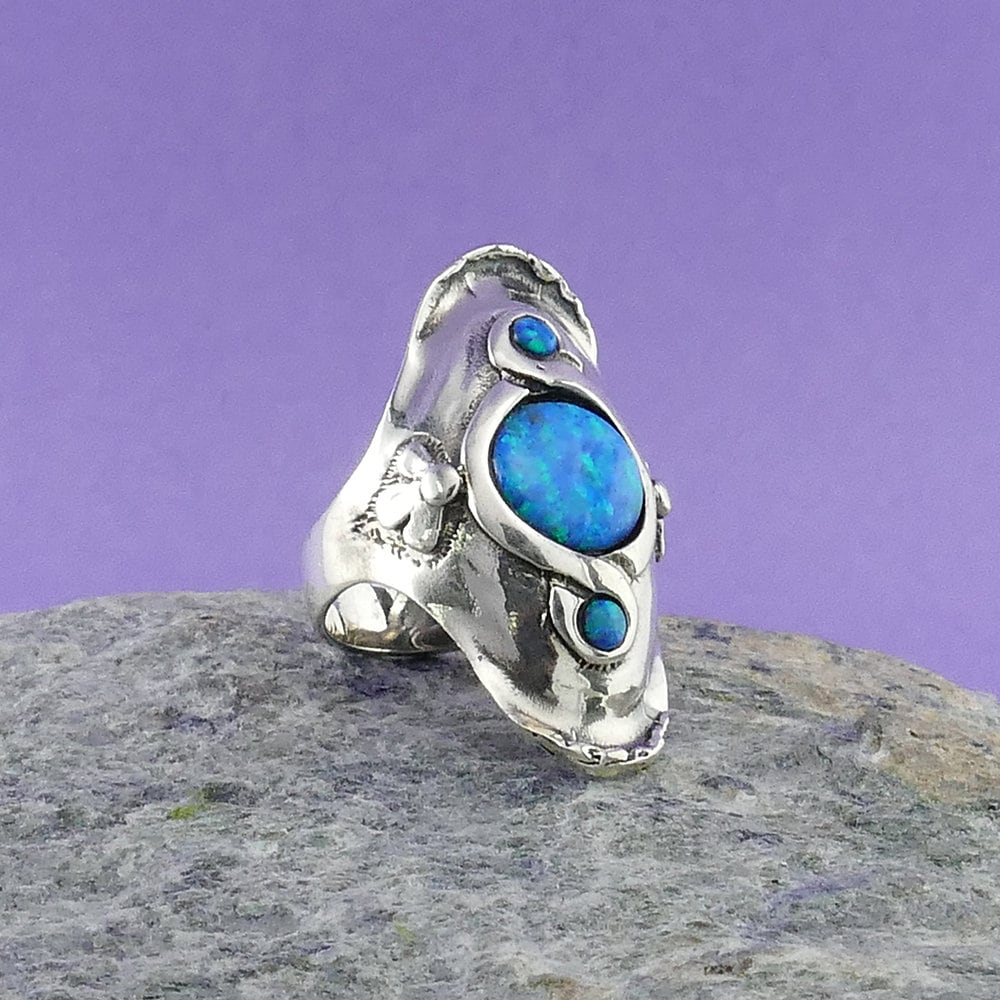 Handmade Blue Opal 925 Sterling Silver Statement Ring