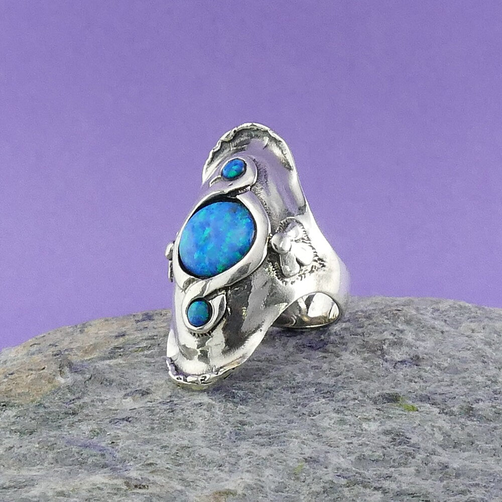 Handmade Blue Opal 925 Sterling Silver Statement Ring