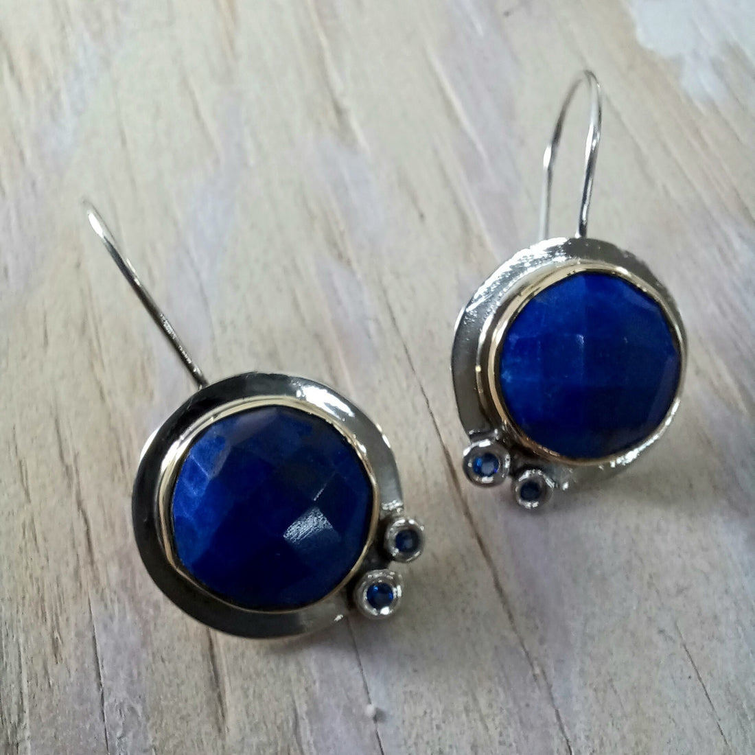 Bold Harmony: Handcrafted Two-Tone Lapis Lazuli &amp; Sapphire Dangle Earrings