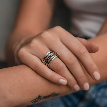 SPIRA Handcrafted Mixed metal Ring Two Tone Solid 9k Yellow Gold&amp;925 Sterling Silver Spinner Ring,Oxidized Silver Fidget ring,Worry ring