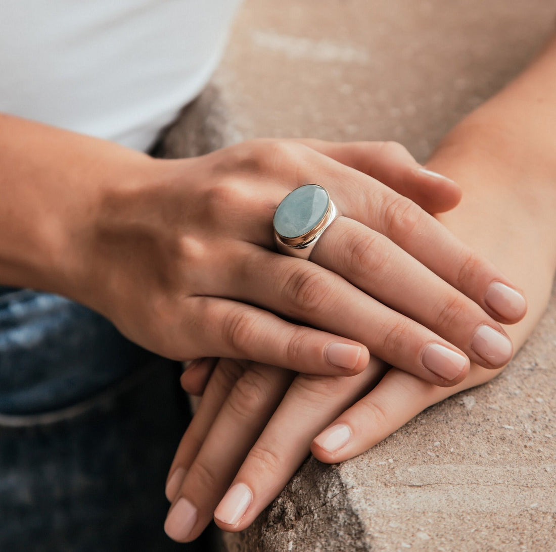 Aquamarine Gemstone Ring, Two Tone 9k Gold & Sterling Silver Statement Rings for Women